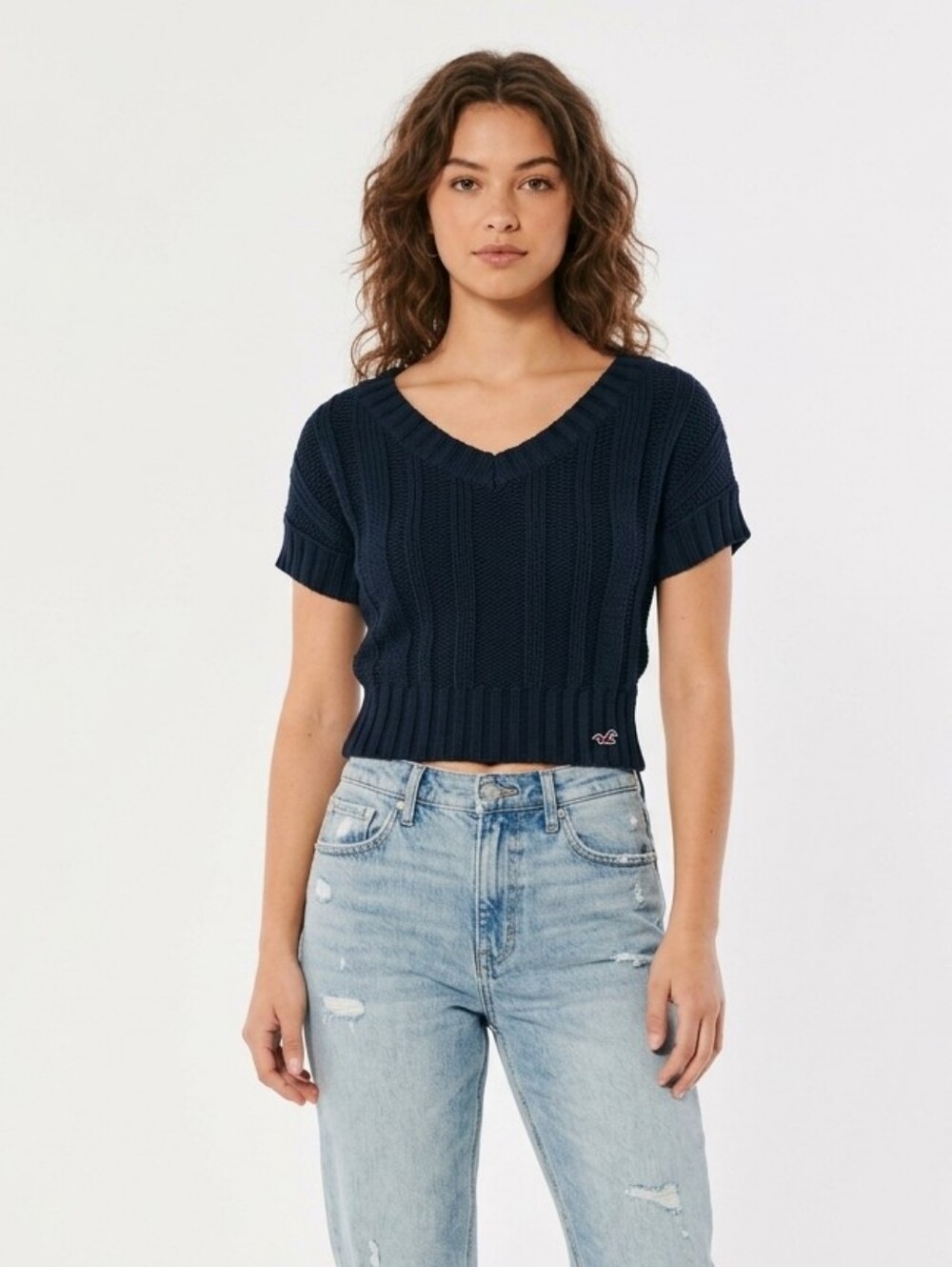 Hollister Medium Navy Cable Knit V-Neck Short Sleeve Crop Top Sweater Coquette